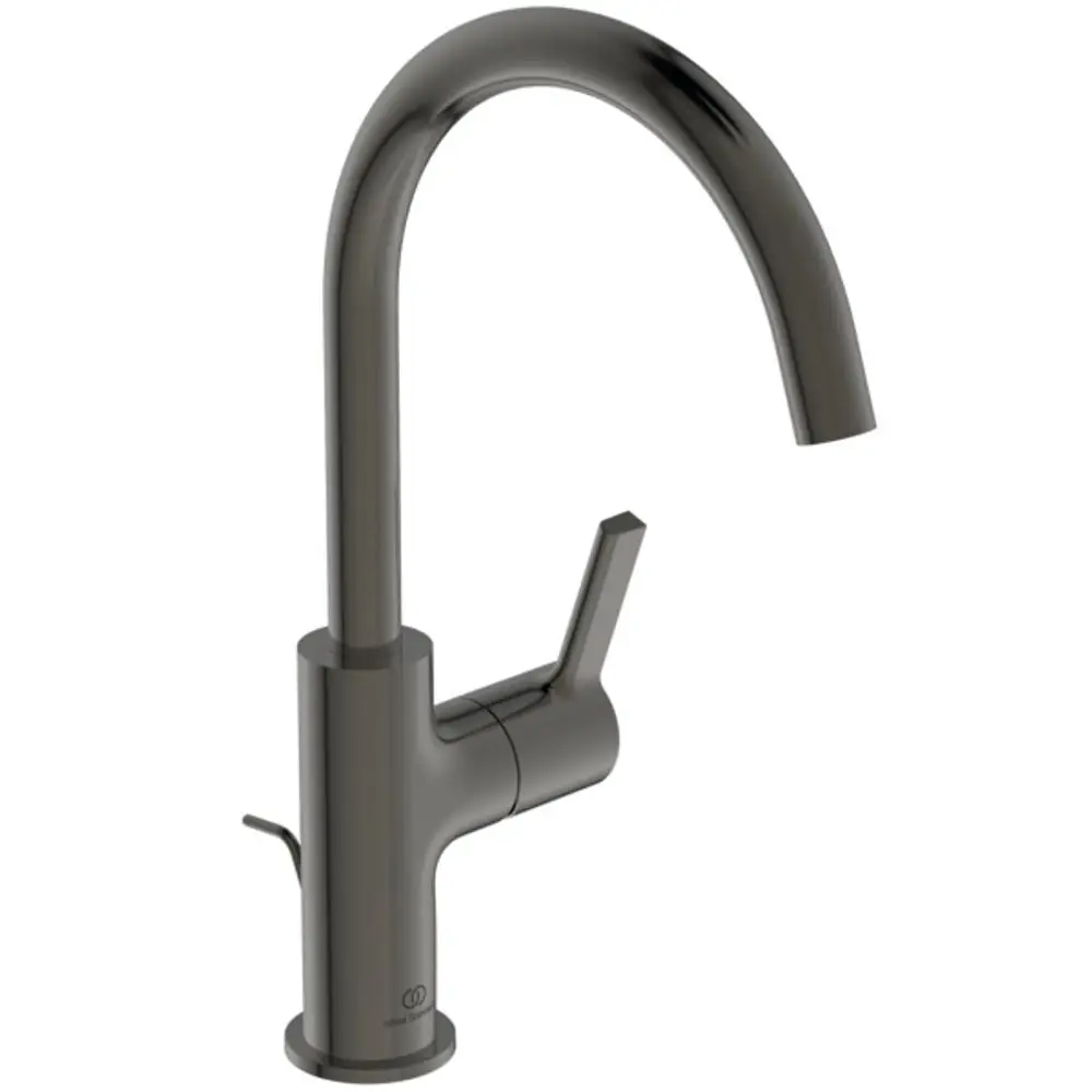 Waschtischarmatur in Magnetic Grey von Ideal Standard, mit hohem Auslauf und Hebelgriff für die Steuerung von Wasserfluss und Temperatur.